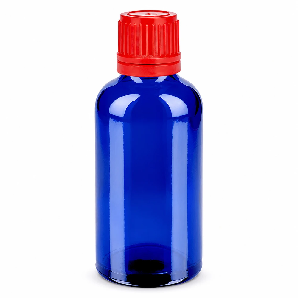 50ml fles 11mm SV rood OV BlueLine UT18/50 50ml apothekersfles blauw glas rood kindveilige dop BlueLine UT18