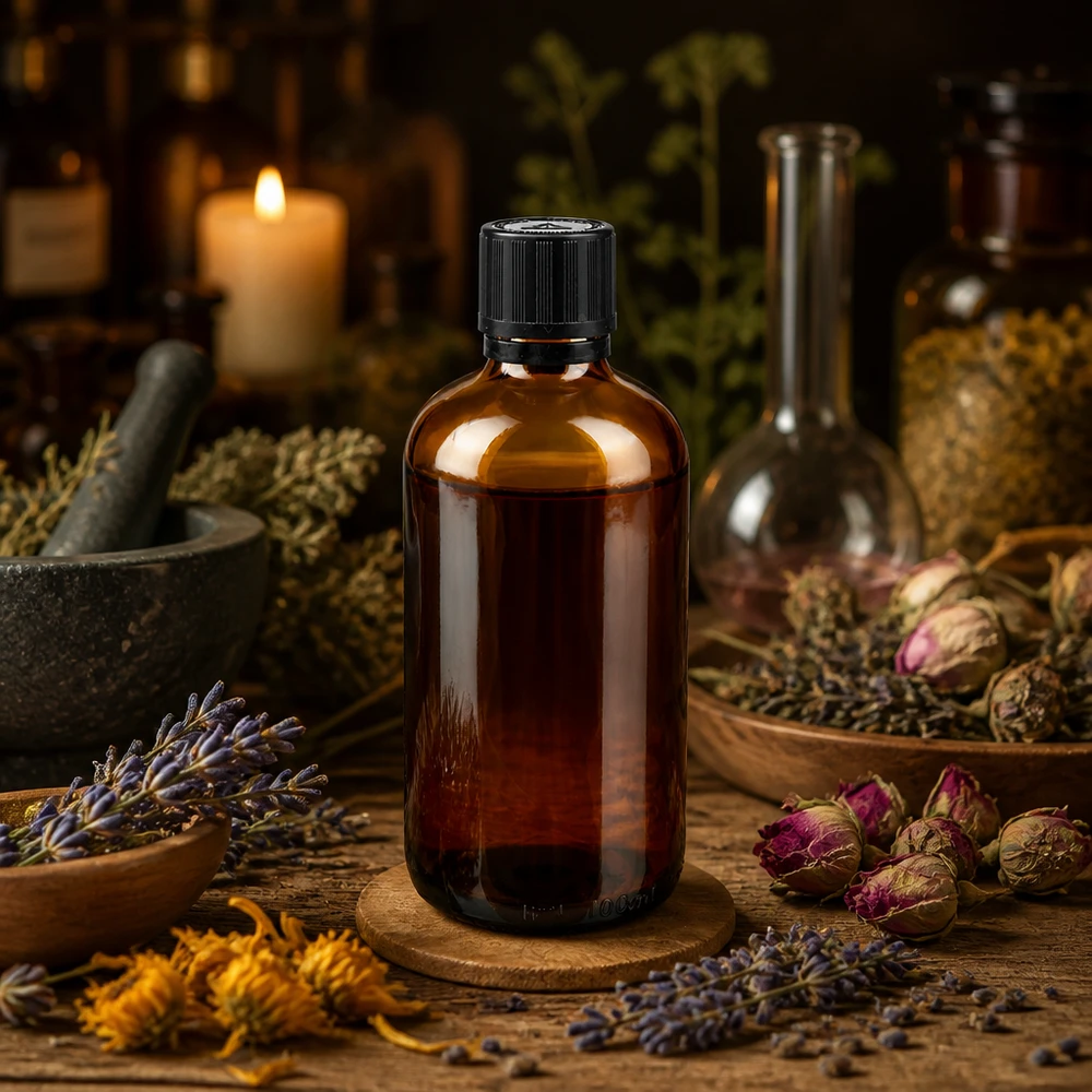 Bruine glazen fles van 100 ml met UV-bescherming en druppelaar voor etherische oliën en natuurlijke geneesmiddelen