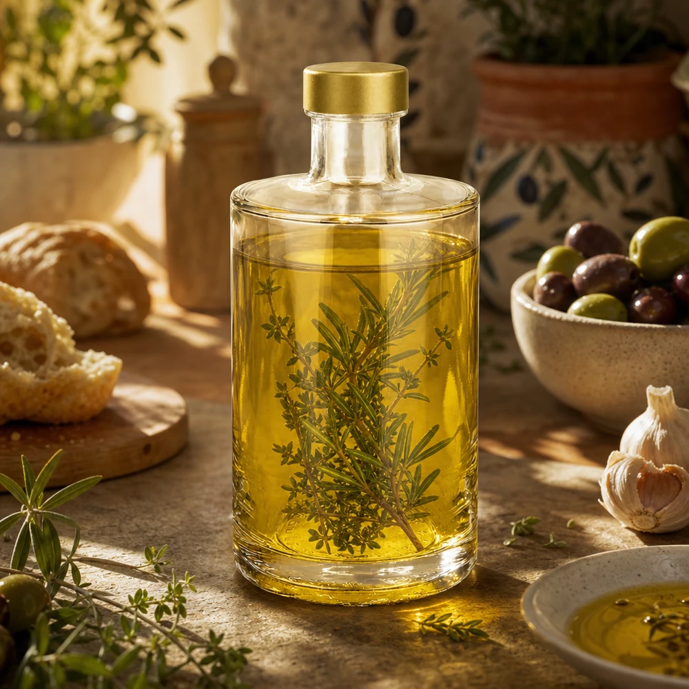 375 ml glazen fles Sam + schroefdop goud UNiTWIST® 375ml glazen fles Sam gevuld met kruidenolie rozemarijn tijm gouden UNiTWIST dop mediterrane keuken decoratie