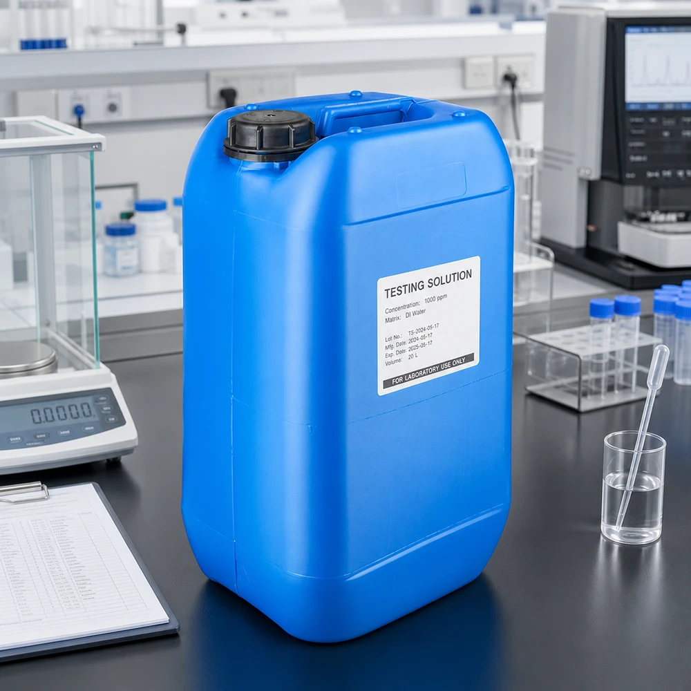 Canister 15 liter blauw met schroefdop OV Blauwe jerrycan van 15 liter met handvat en schroefdop, naast laboratoriumapparatuur en reageerbuisjes