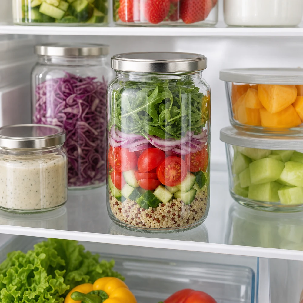 795 ml ronde pot met zilveren BasicSeal deksel als maaltijdcontainer in de koelkast gevuld met gelaagde salade