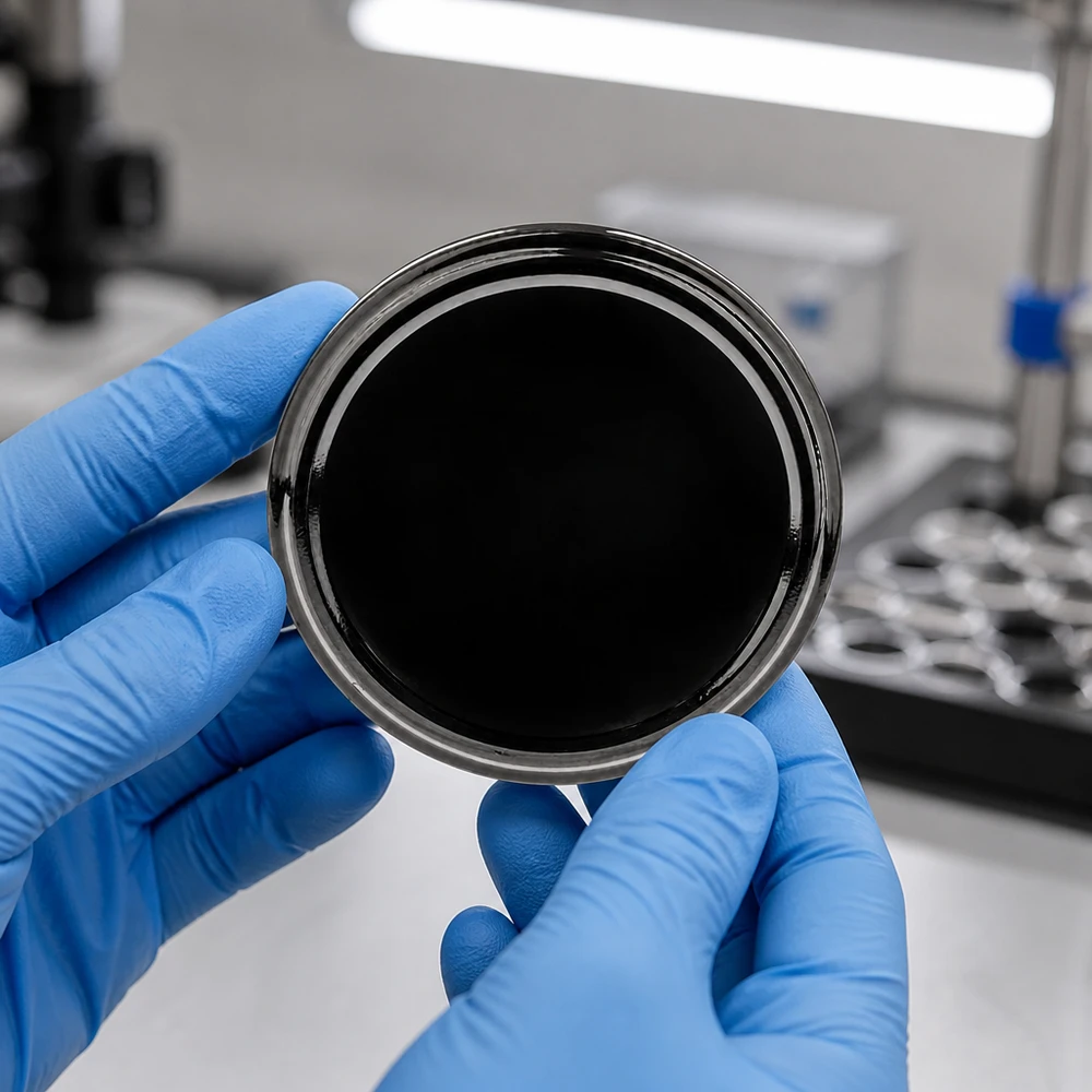 Glanzend oppervlak van een zwarte 82 mm TO82 BasicSeal-deksel UNiTWIST – detailbeeld, rond