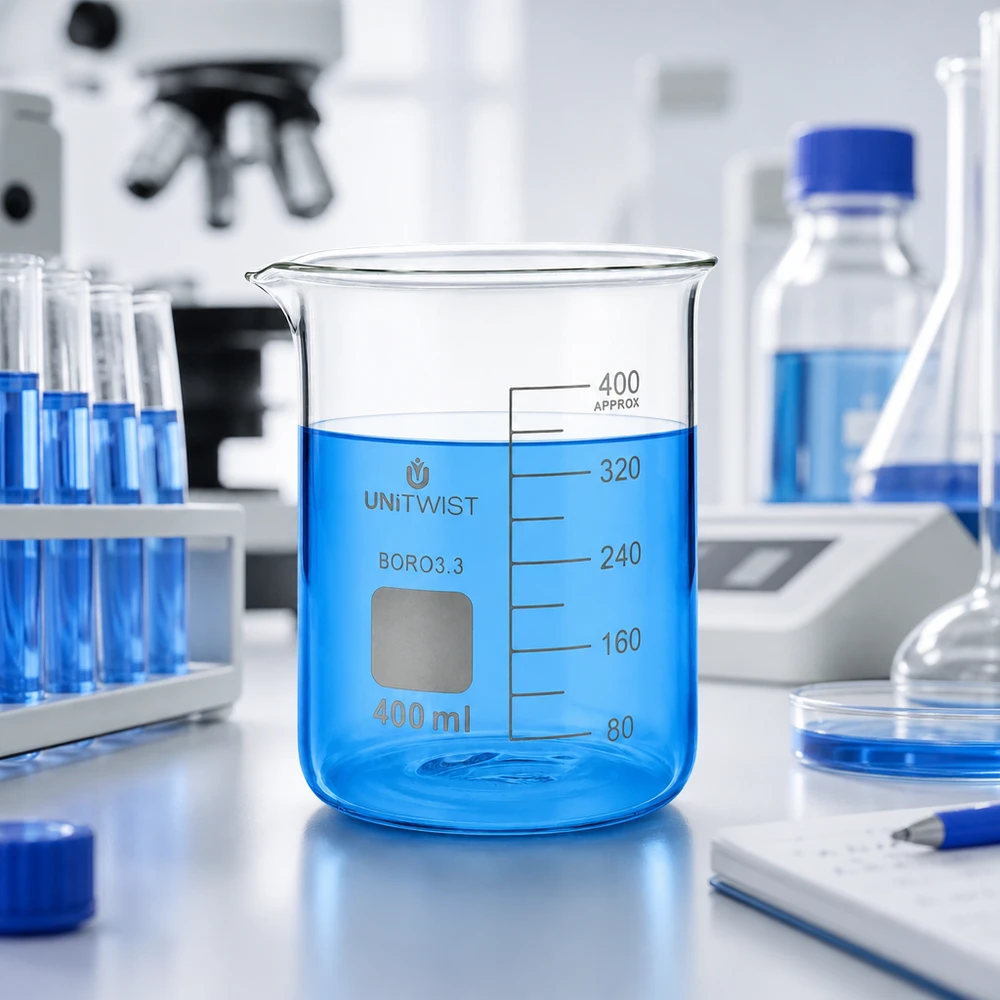 Bécher 400ml borosilicate, forme basse UNiTWIST Scheikundelaboratorium: bekerglas van 400 ml met blauwe inhoud, reageerbuisjes, microscoop en Erlenmeyer-kolf