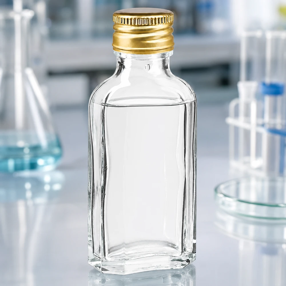 Doorzichtige Meplat-fles van 50 ml met goudgele PP22-dop voor farmaceutische toepassingen