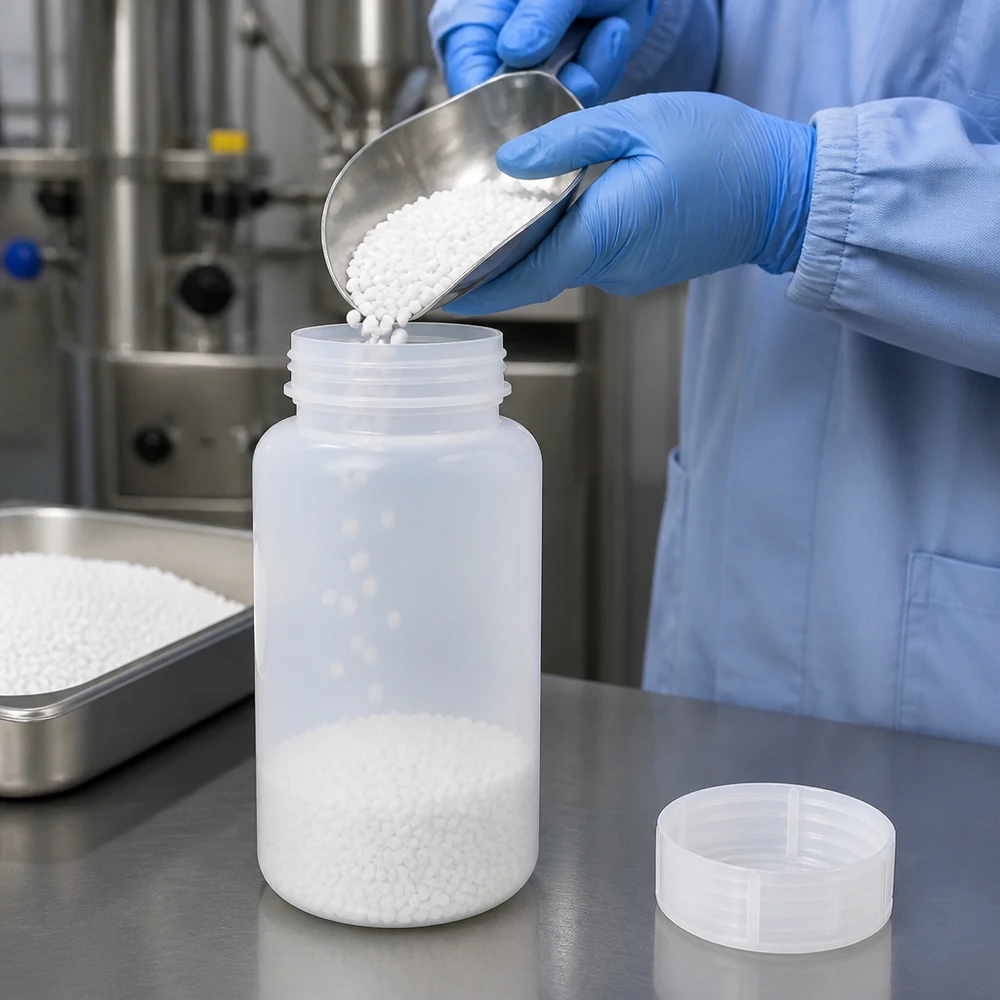 HDPE-fles met brede opening van 1000 ml, waarvan de dop is verwijderd, tijdens industriële afvulling in een cleanroom