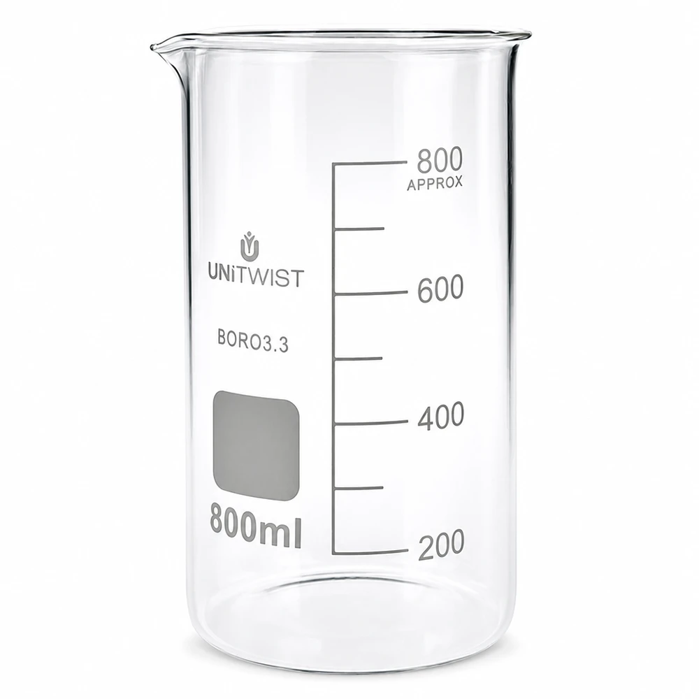 Chemielaboratorium bekerglas, hoog model, 800 ml, borosilicaatglas, met opschriftveld en schaalverdeling
