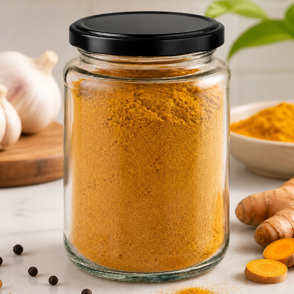 382ml BasicSeal zwart rond potje gevuld met kurkuma kruidenpoeder tussen verse kurkuma wortels en knoflook