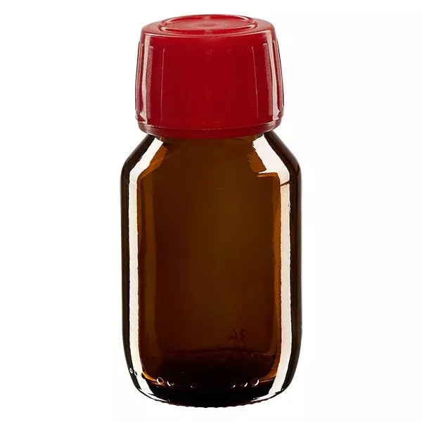 50ml Euro-medicijnfles bruin met rode schroefsluiting VR 50ml Euro-medicijnfles bruin met rode schroefsluiting VR