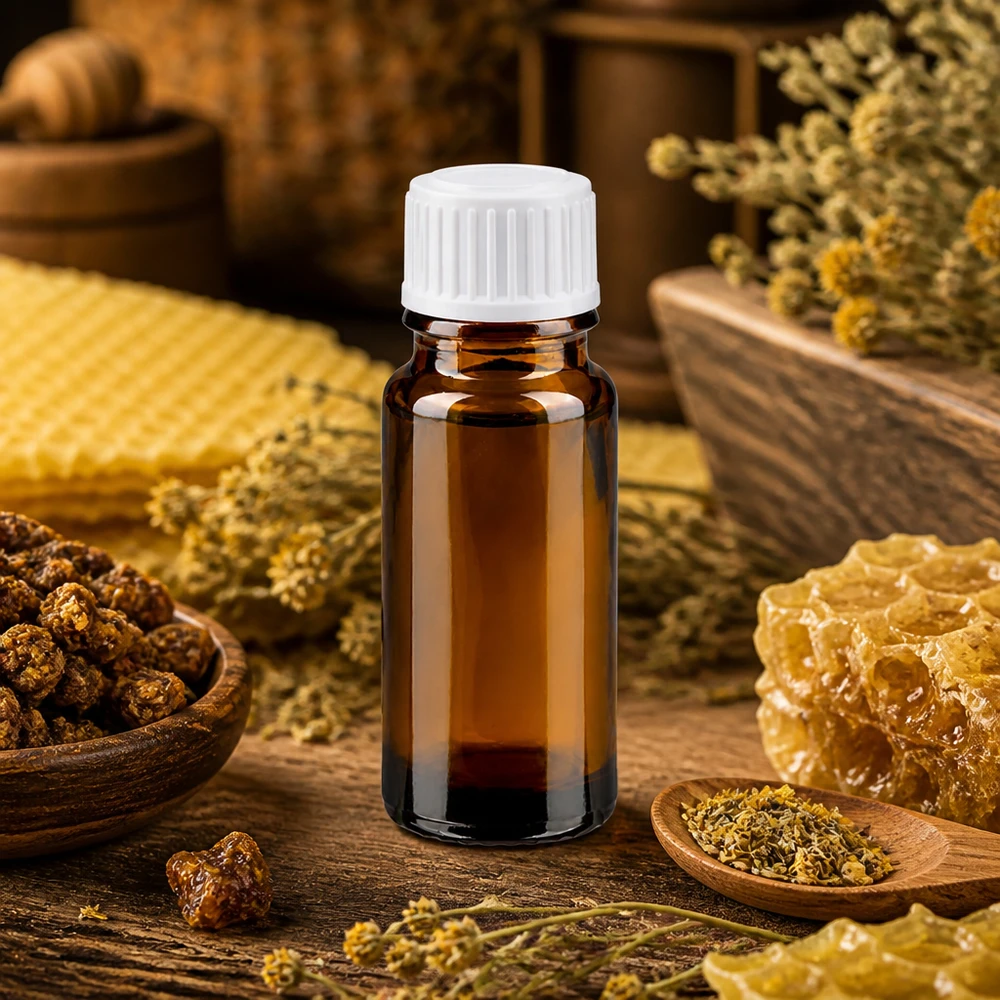 Bruine glazen fles 10ml met wit schroefsluiting St Honing en kruiden, in een bruine glazen fles van 10 ml met een witte schroefdop