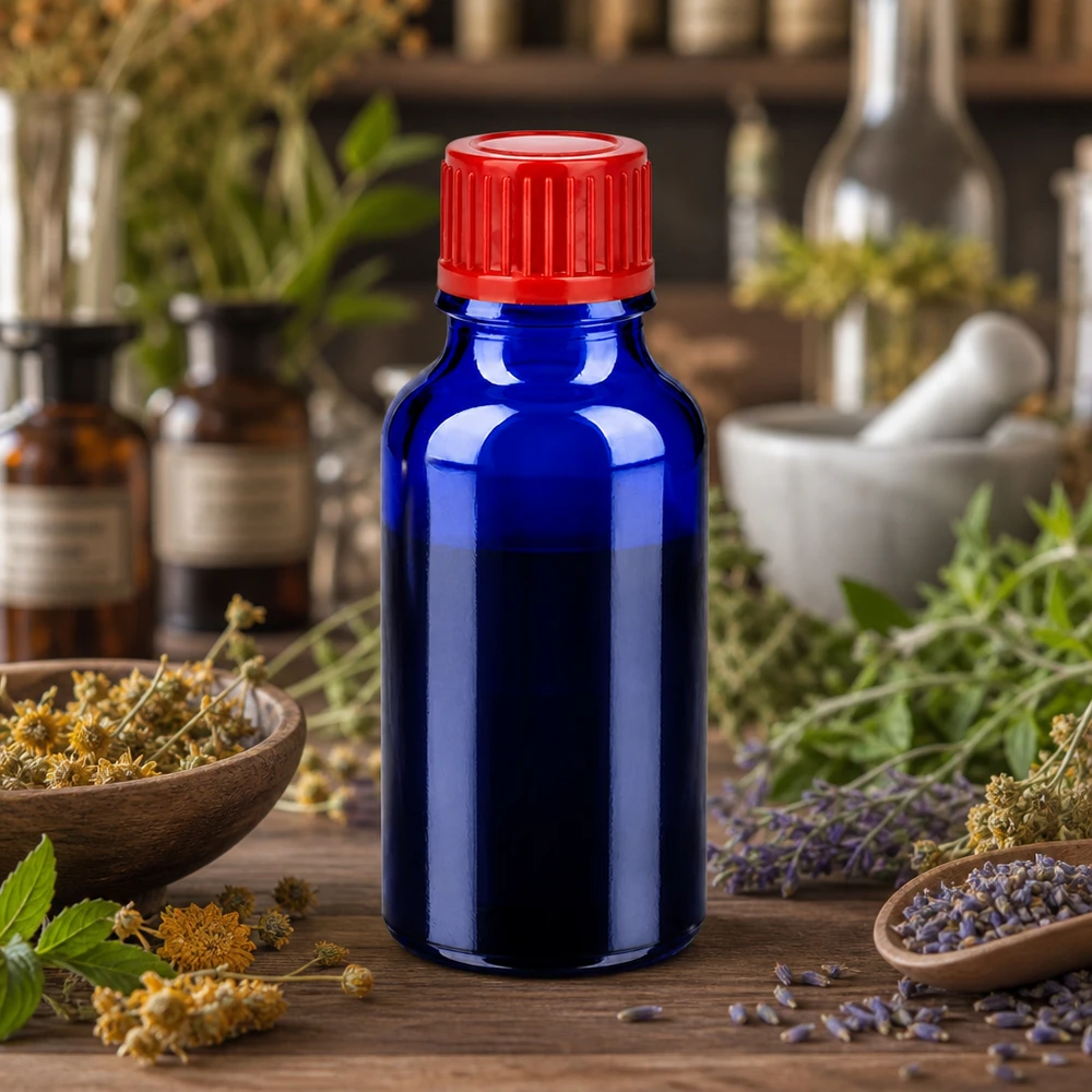 Lichtbeschermde blauwe glazen fles 20ml met rode SV-dop voor gevoelige stoffen