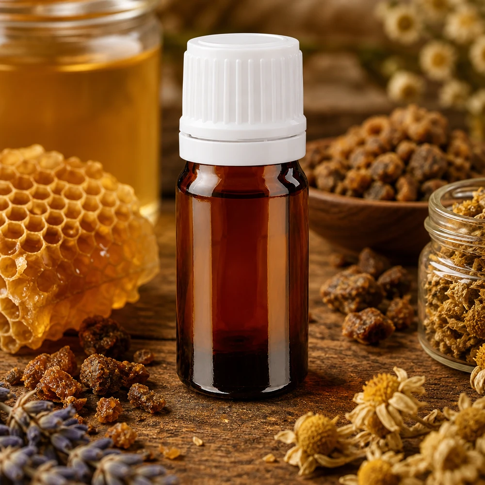 5 ml bewaarflesje van UV-bestendig amberkleurig glas met een witte dop van 11 mm voor natuurlijke producten