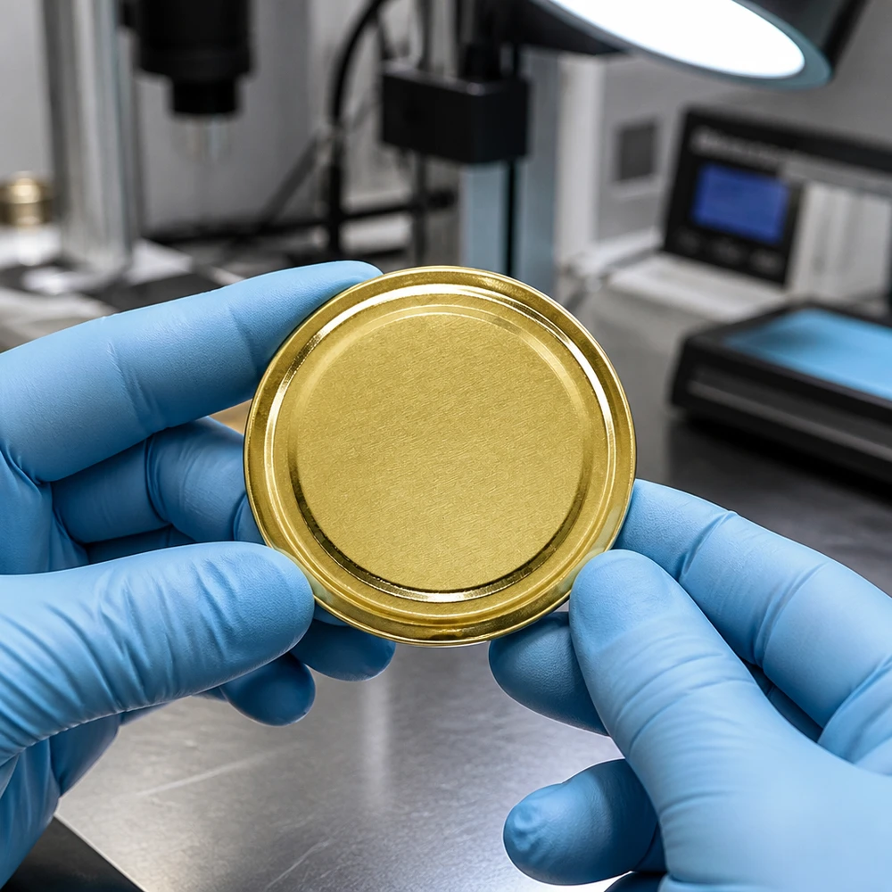 Handmatige inspectie van een gouden inmaakdeksel 66 mm BasicSeal TO66 van UNiTWIST