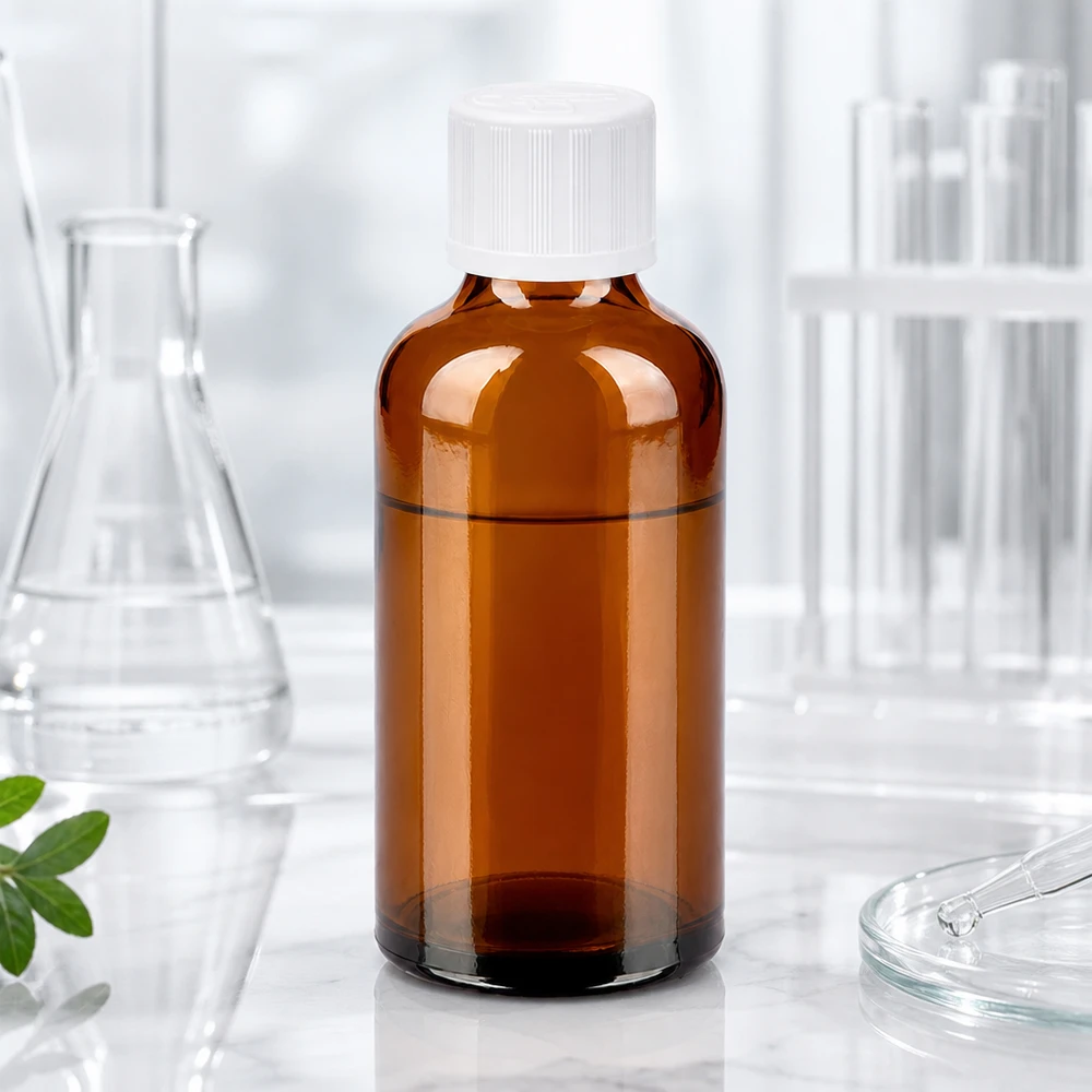 50ml fles 11mm SV w. STD KiSi BrownLine UT18/50 Farmaceutische getinte glazen fles van 50 ml met kindveilige SV-dop