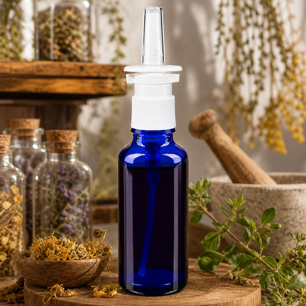 Apothekersglas voor neusspray, 30 ml, blauw, met doorzichtige doseertip en houten voet
