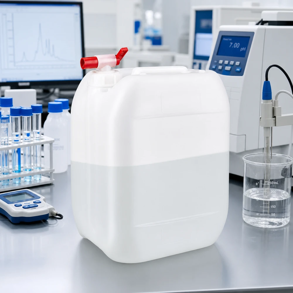 Stevige container met brede hals, 10 liter, met rode aftapkraan, geschikt voor laboratoriumvloeistoffen