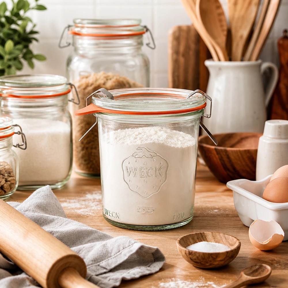 WECK 140ml RR60 bekers gevuld met bloem in keuken met bakingrediënten eieren deegroller en houten keukengerei om te bakken