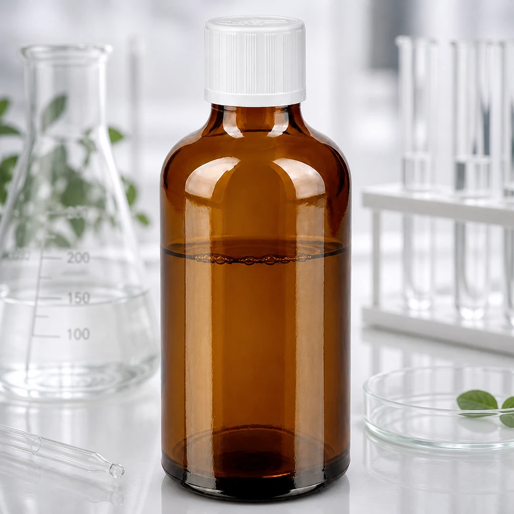 Bruine glazen fles 50ml met wit schroefsluiting kinderslot St Farmaceutisch bruinglasflesje van 50 ml met witte veiligheidsdop tussen laboratoriumapparatuur