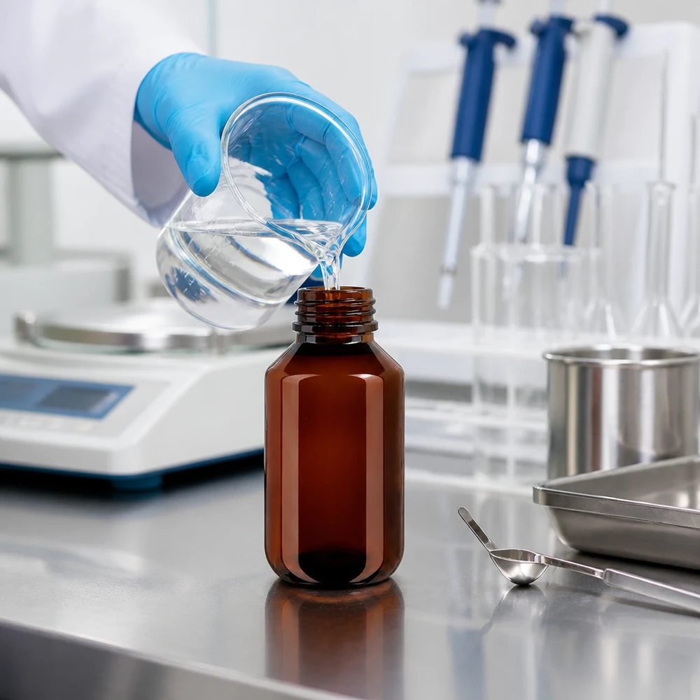 50 ml PET medicijnfles met verstuiver zwart GCMI 28/410 incl. dop transparant, standaard Compacte bruine PET-farmaceutische fles van 100 ml met originele sluiting in een cleanroomlaboratorium