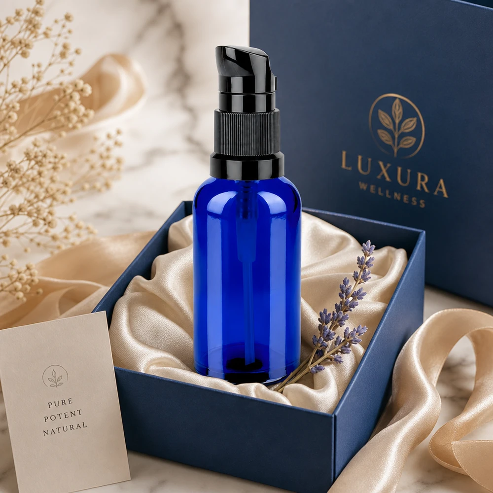 Premium glazen fles 50ml met zwart pompje STD BlueLine UT18/50 beschermt tegen UV-licht en oxidatie