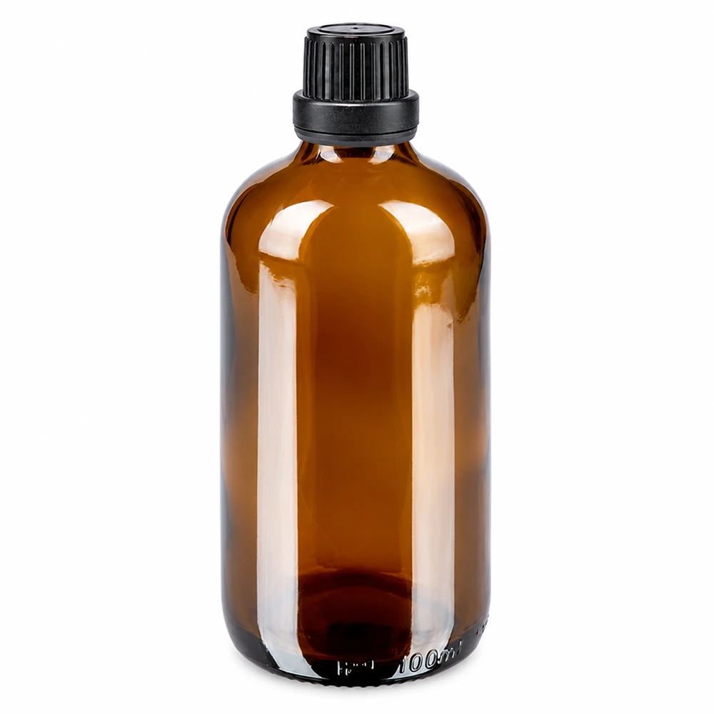 Bruin apothekersglas van 100 ml met zwarte druppeldop, ideaal voor etherische oliën en tincturen