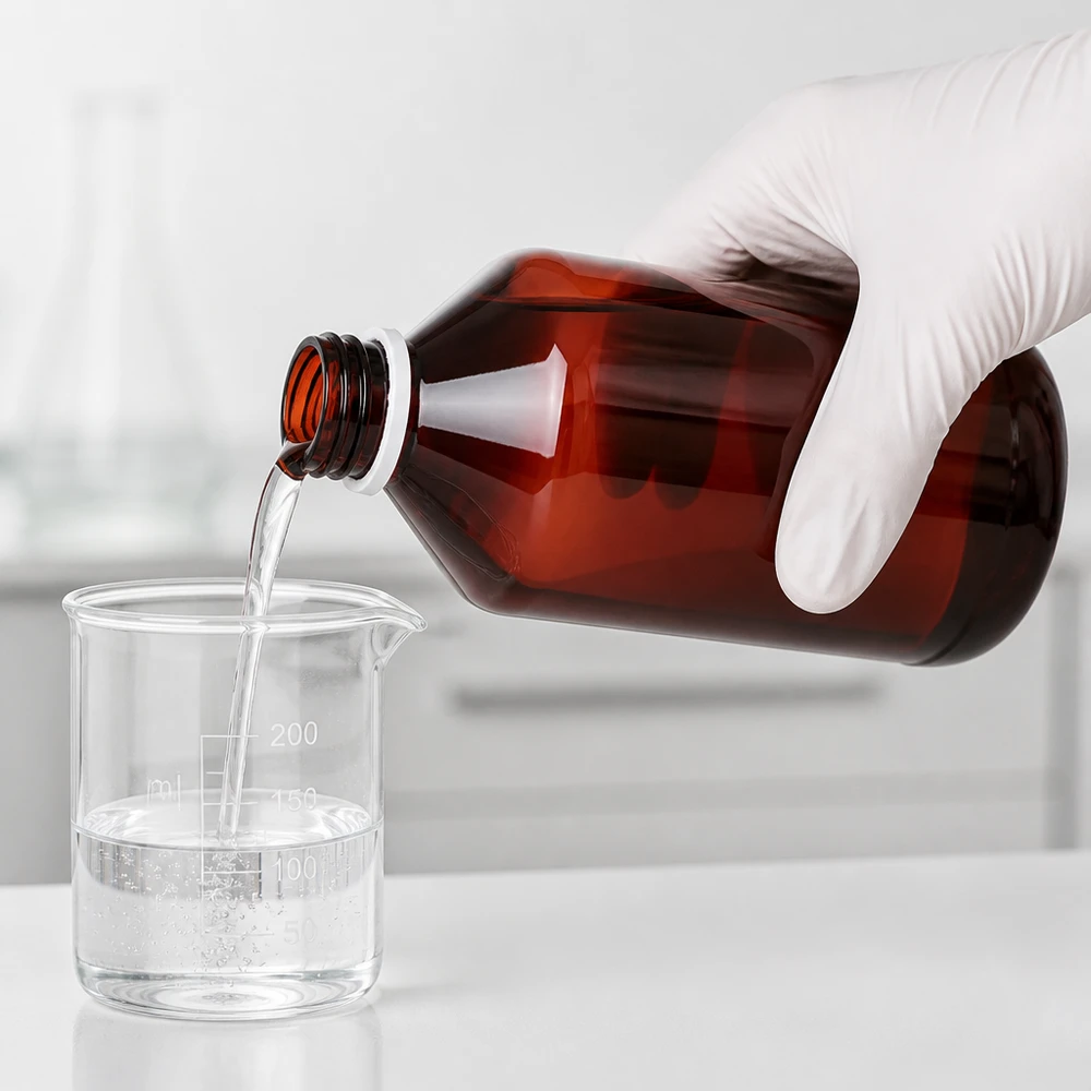 Veilig gebruik van een apothekersfles van 750 ml, gemaakt van PET, met witte buitenverpakking bij het afmeten