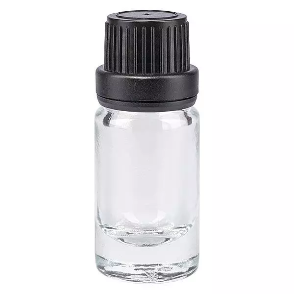 Helder glazen flessen 5ml met zwart druppelsluiting 2mm VR Helder glazen flessen 5ml met zwart druppelsluiting 2mm VR