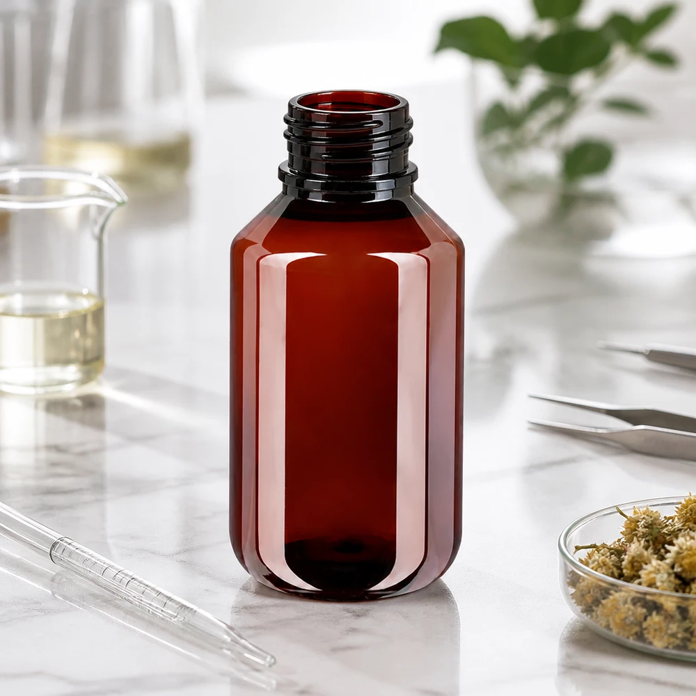 50 ml PET medicijnfles met verstuiver zwart GCMI 28/410 incl. dop transparant, standaard Kompakte braune PET Flasche 100ml mit Gewinde für pharmazeutische Flüssigkeiten