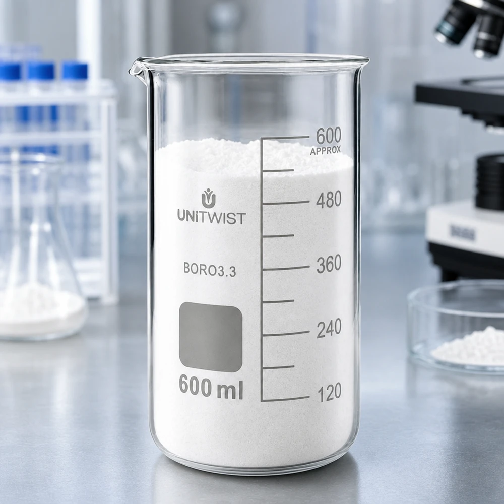 Becherglas, hoog model, 600 ml, borosilicaat, UNITWIST, met wit poeder, naast laboratoriumflessen