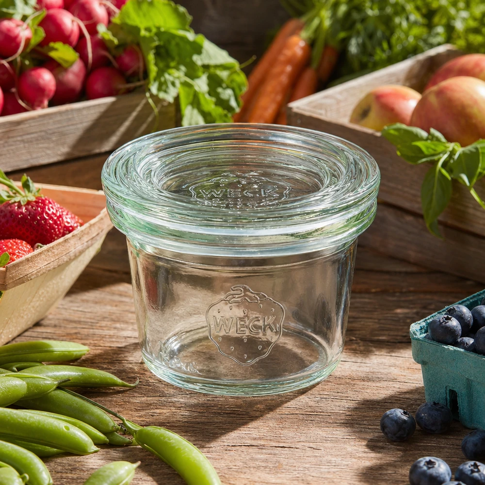 WECK 35ml RR40 lege metselpot met glazen deksel omringd door vers fruit en groenten op een rustieke houten tafel