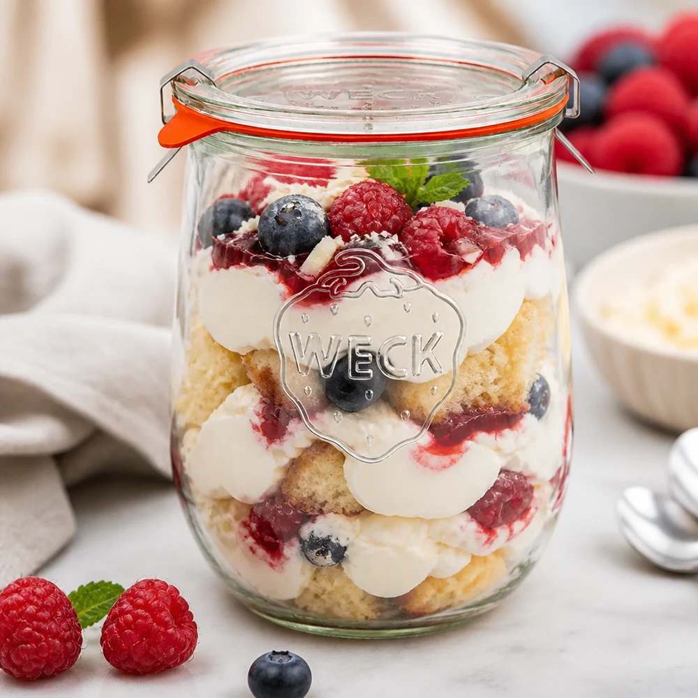 1062ml tulpenglas compleet WECK RR100 WECK tulpenpot 1062ml RR100 als dessertpot voor trifle met bessen, room en taartbodem in een gelaagd dessert