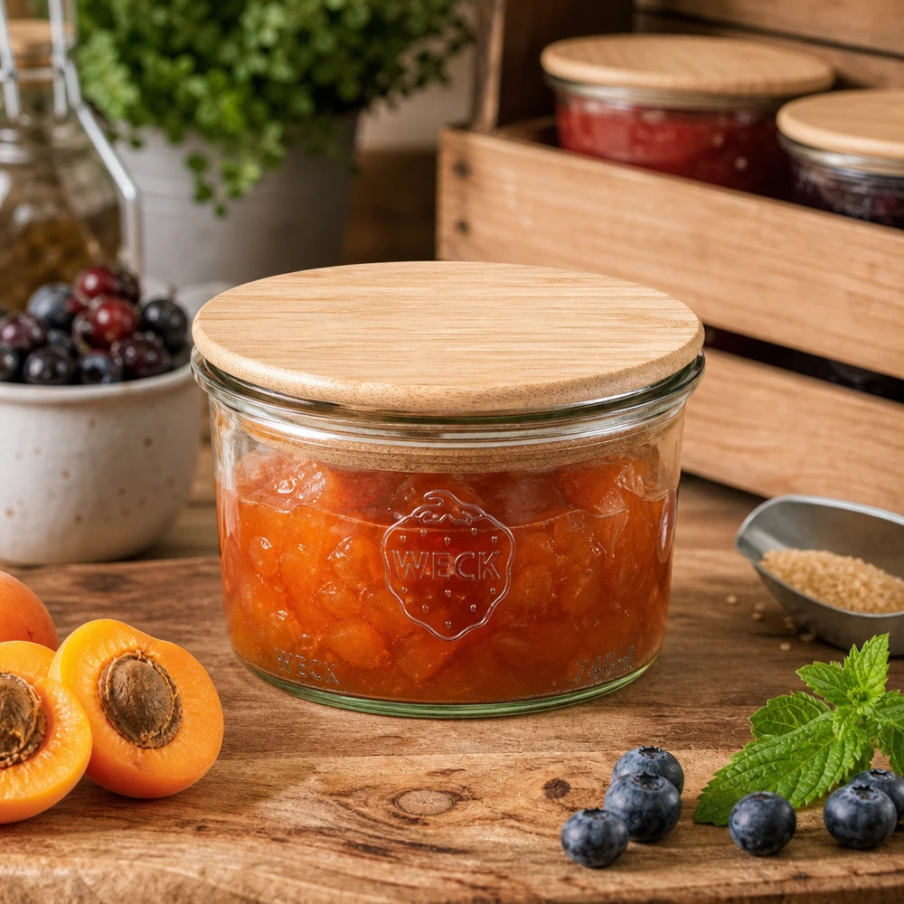 200ml stortglas WECK RR80 met hout deksel WECK Einmachglas 200ml mit Holzdeckel gefüllt mit Aprikosenmarmelade auf Holztisch neben frischen Früchten