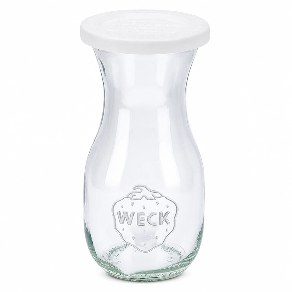 Sapfles van 290 ml met vershouddeksel WECK RR60 WECK sapfles 290ml met wit vershouddeksel RR60 van helder glas met reliëflogo