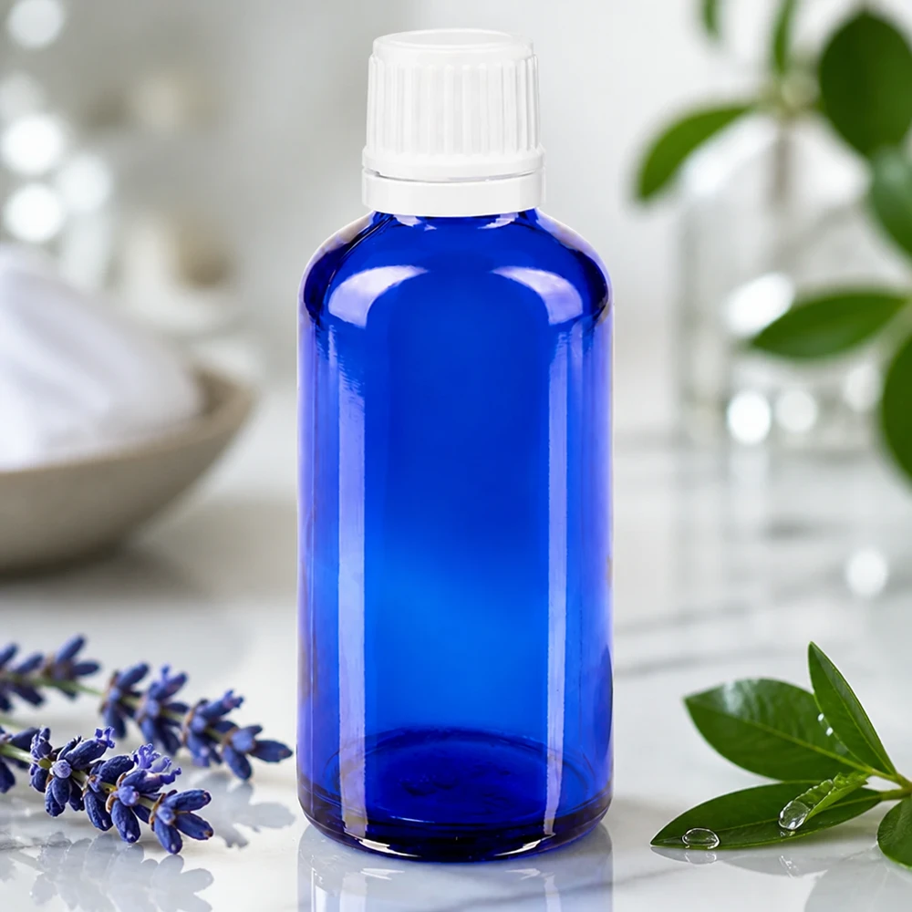 Blauwe apothekersglasfles van 50 ml met UV-bescherming en een fraudebestendige witte dop