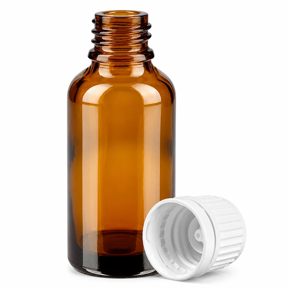 30ml fles 11mm SV wit OV BrownLine UT18/30 30ml druppelfles bruin met kindveilige witte dop voor medicijnen en cosmetica