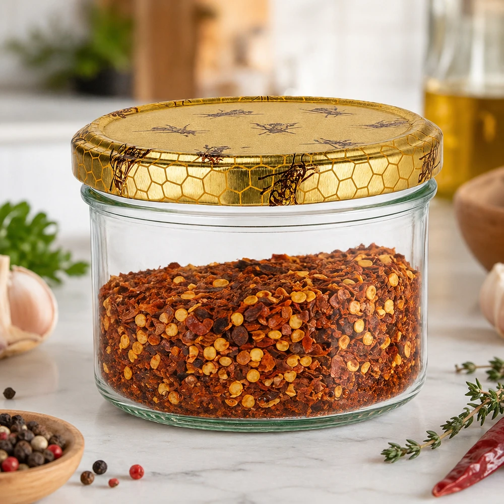 300g honingpotje met honingraatdeksel kan worden gebruikt als kruidenpotje voor chilivlokken in de keuken