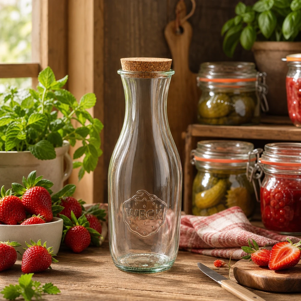 WECK glazen fles 1062ml in rustieke keuken decoratief gerangschikt met verse aardbeien en inmaakpotten