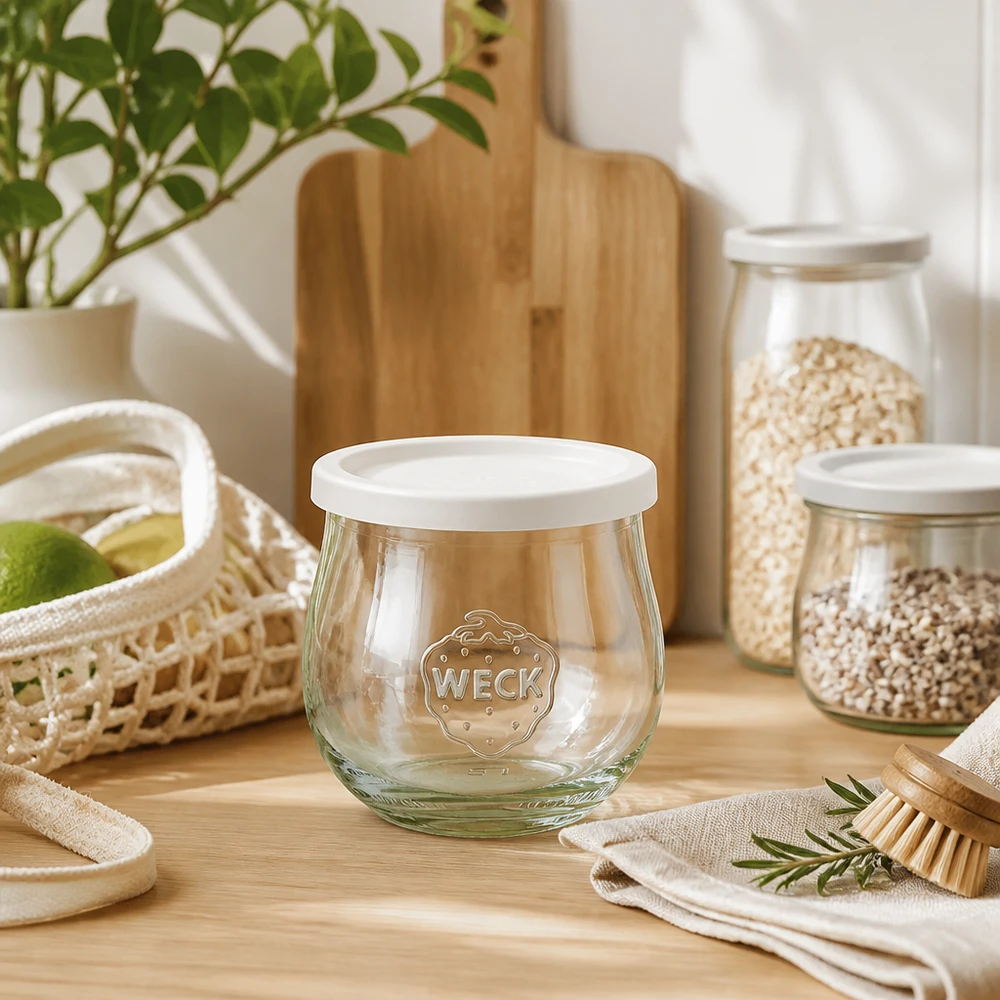 WECK RR80 tulpvormige pot van 370 ml met vershouddeksel WECK tulpenpot 370ml RR80 decoratief opgevoerd in een natuurlijke keukensfeer met houten keukengerei en voorraadpotten