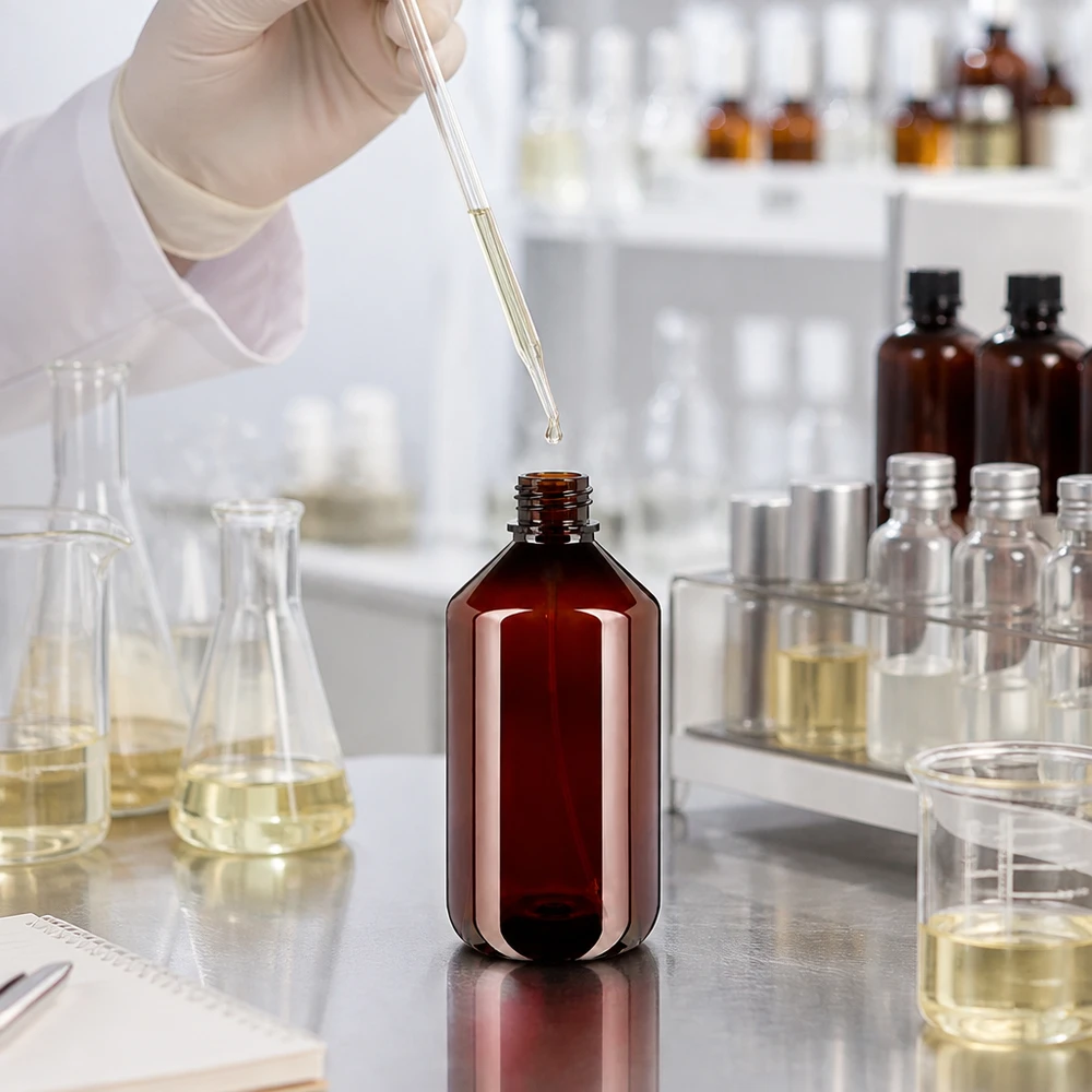 Professionelle 500ml PET Dosierflasche braun mit schwarzem Feinzerstäuber für Labor und Kosmetik