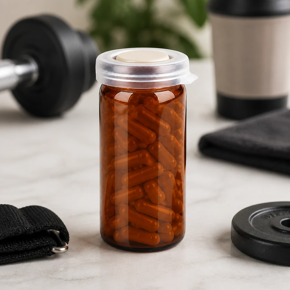 10ml tablettenglas bruin incl. klikdeksel (rolrand glas) Sportvoedingssupplementen in een bruin glasflesje met gerolde rand van 10 ml en een doorzichtige dop, naast gewichten en halters