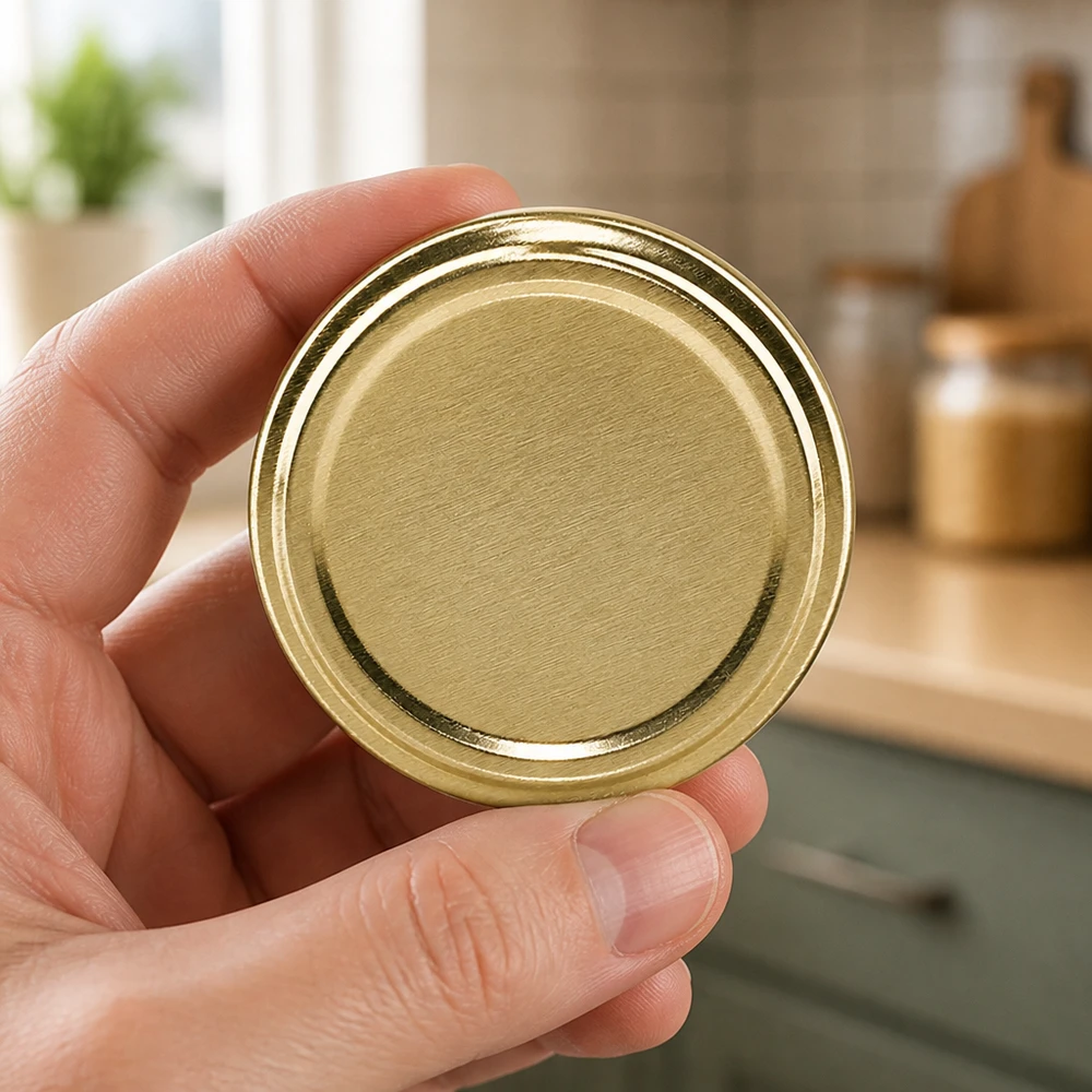 UNiTWIST TO66 goud, BioSeal, BPA-NI, unitemp Close-up van gouden TO66-schroefdeksels UNiTWIST BioSeal, geschikt voor levensmiddelen en BPA-vrij