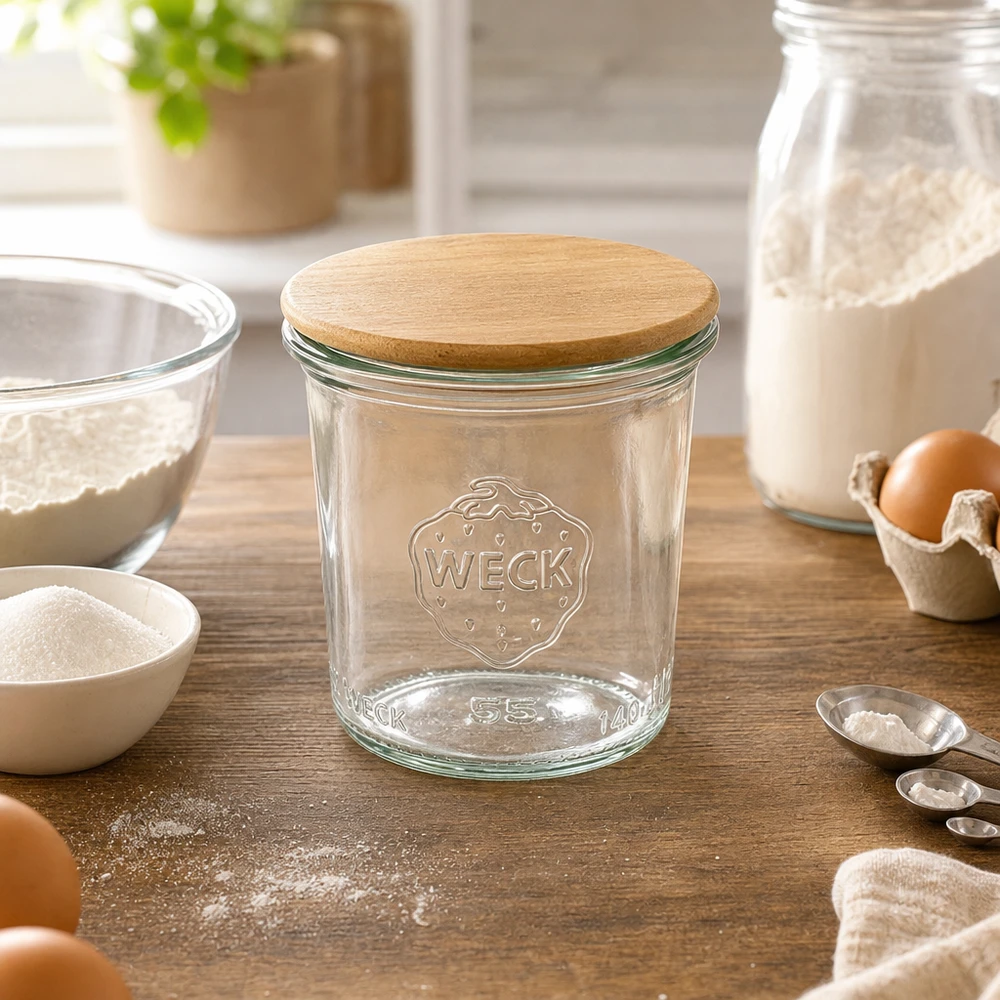 140ml stortglas WECK RR60 met hout deksel WECK 140ml RR60 mason jar met houten deksel in bakkeuken met bloem, eieren en bakingrediënten voor opslag