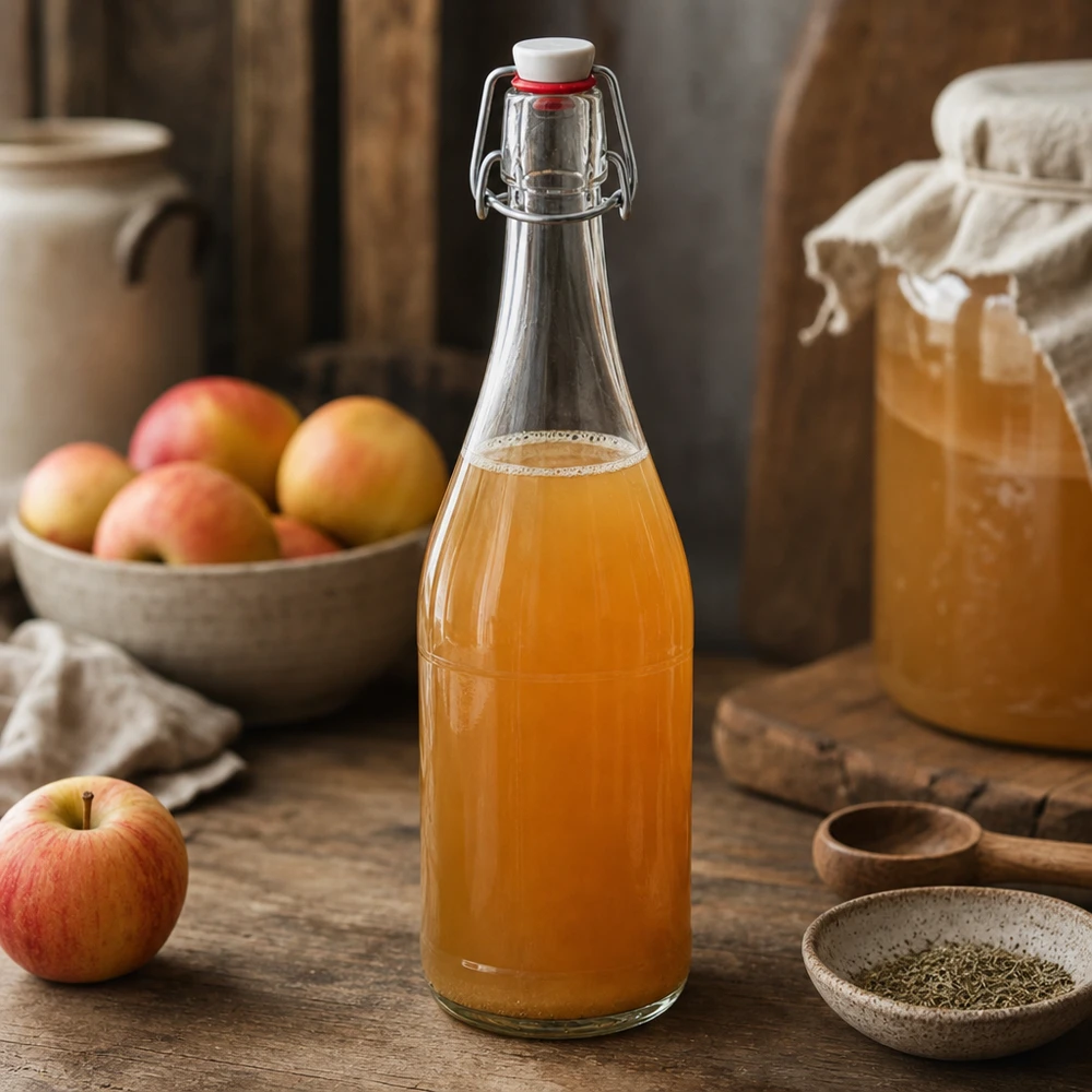 750ml glazen fles swing top gevuld met appelsap rustiek keuken fruit houten tafel natuurlijk zelfgemaakt
