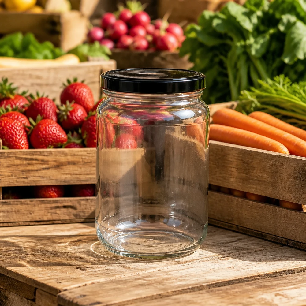 Lege 1700ml ronde pot BasicSeal deksel zwarte marktkraam verse fruitgroenten inmaakpot