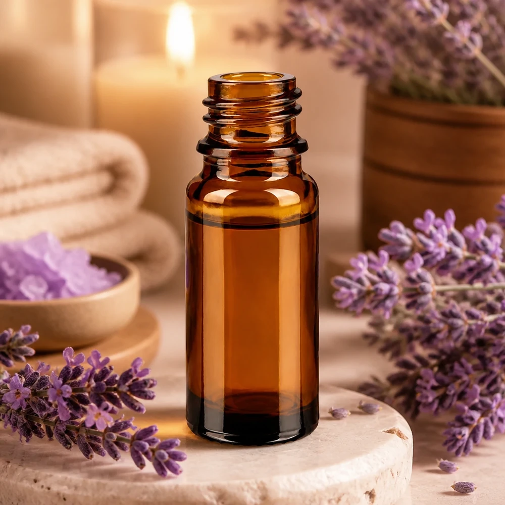 10ml bruin apothekersflesje ApoGlas met lavendel en wellness-accessoires in een ontspannende spa-setting