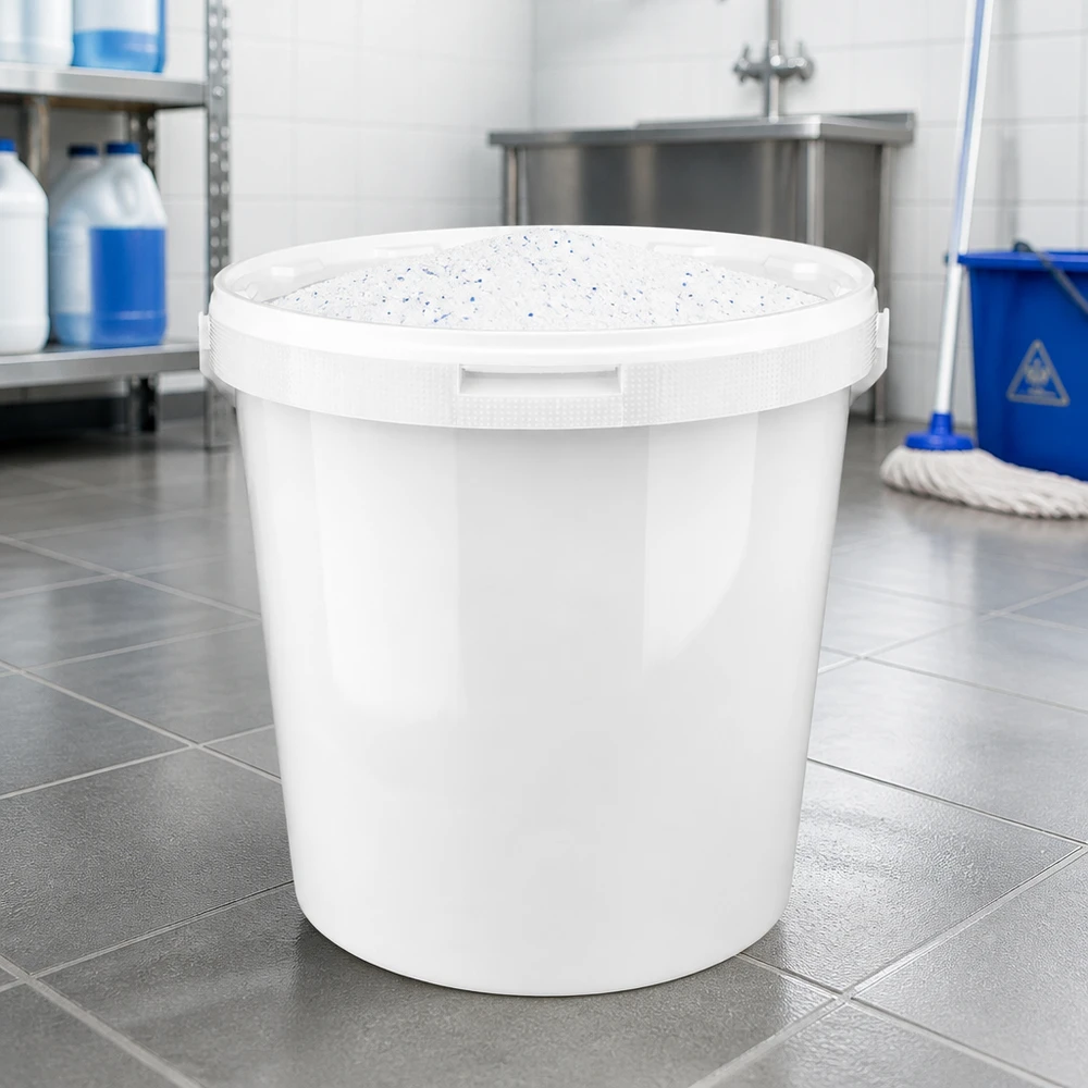 10,7 liter emmer van wit PP plastic met deksel Hygiënische witte PP-emmer van 10 liter met klemdeksel, naast dweil en schoonmaakeemmer