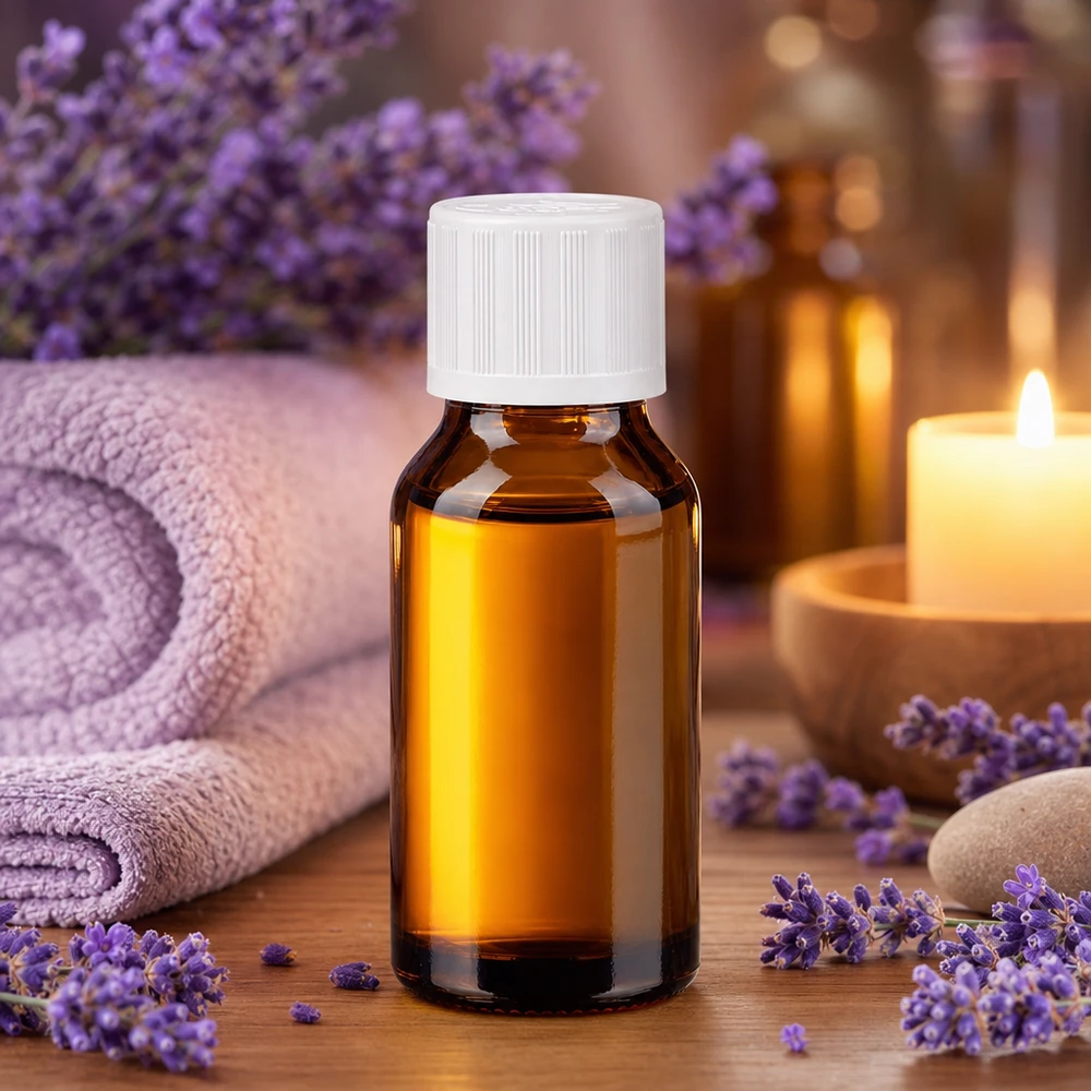 Compacte bruine glazen fles van 30 ml met witte veiligheidsdop in een spa- en wellness-sfeer