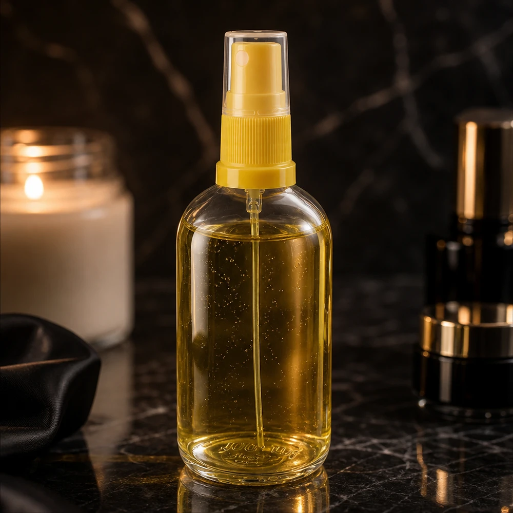 ClearLine UT18 ronde fles van 100 ml met gele sproeikop op zwart marmer
