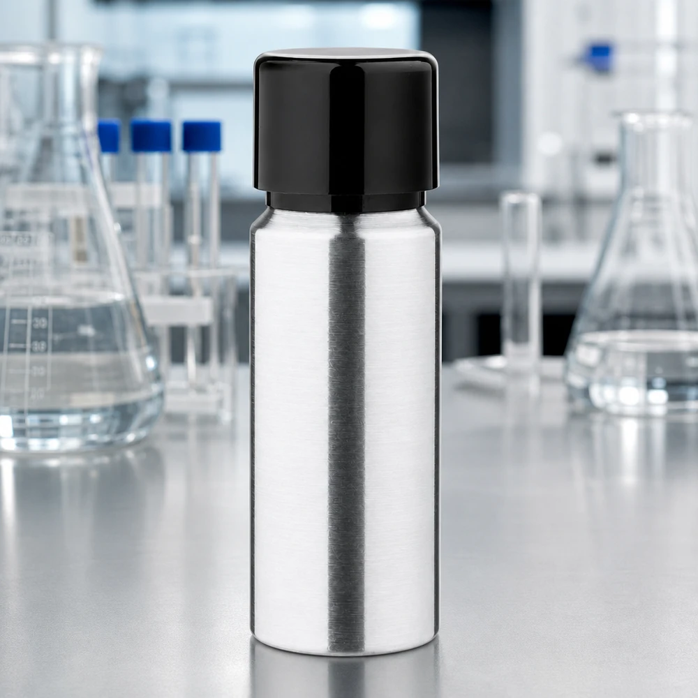 Zilveren aluminium flesje van 20 ml met gepolijste afwerking en lekvrije sluiting