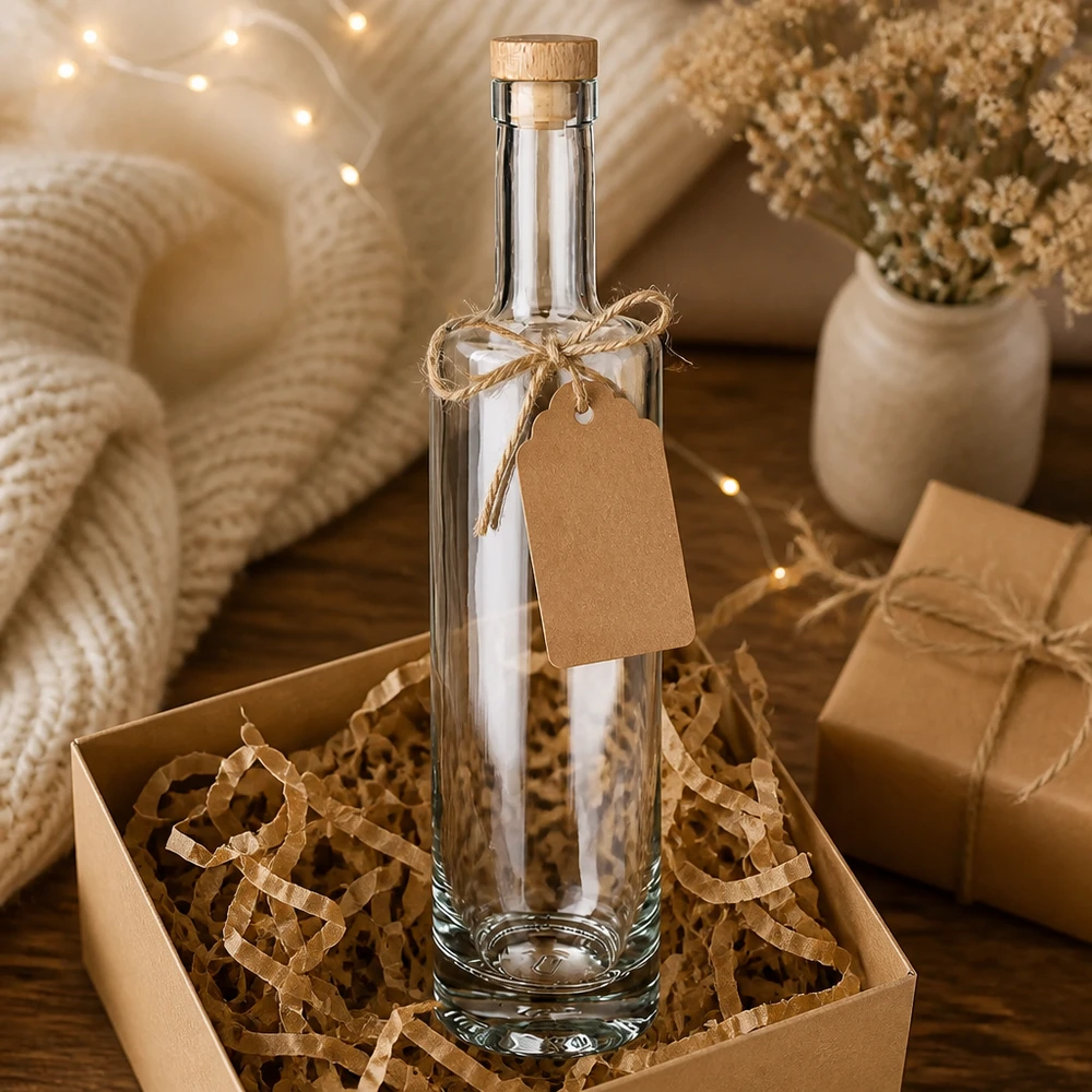 500 ml glazen fles Lina met houten handgreep UNiTWIST® 500ml glazen fles Lina geschenkverpakking met kraftpapier doos hanger warm witte fairy verlichting decoratie