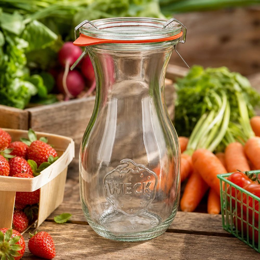 WECK sapfles 290ml RR60 leeg met draaidop tussen vers fruit en groenten op een rustieke houten tafel